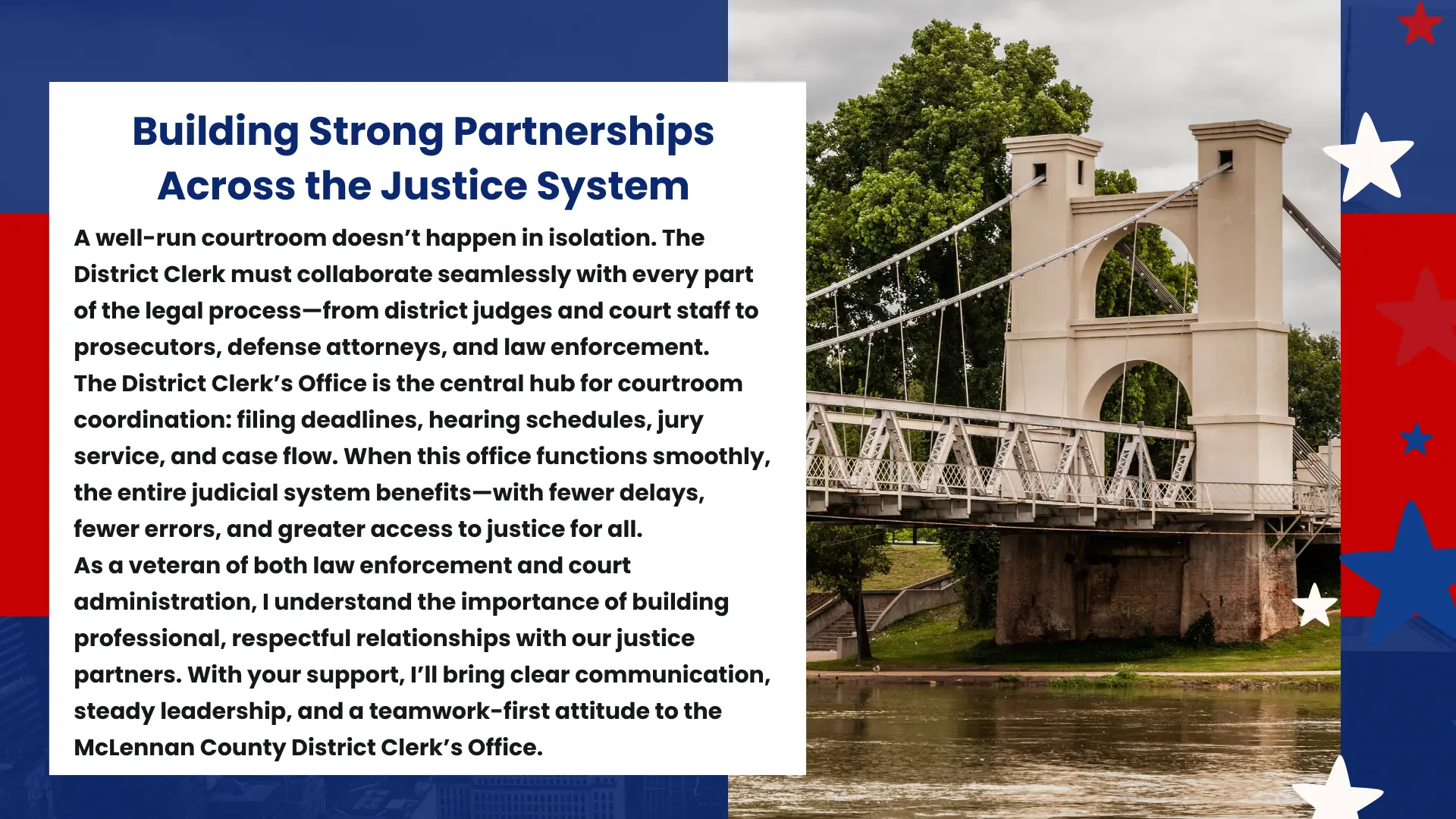 Rebecca Eubank emphasizes strong partnerships across the justice system with a background of the Waco Suspension Bridge