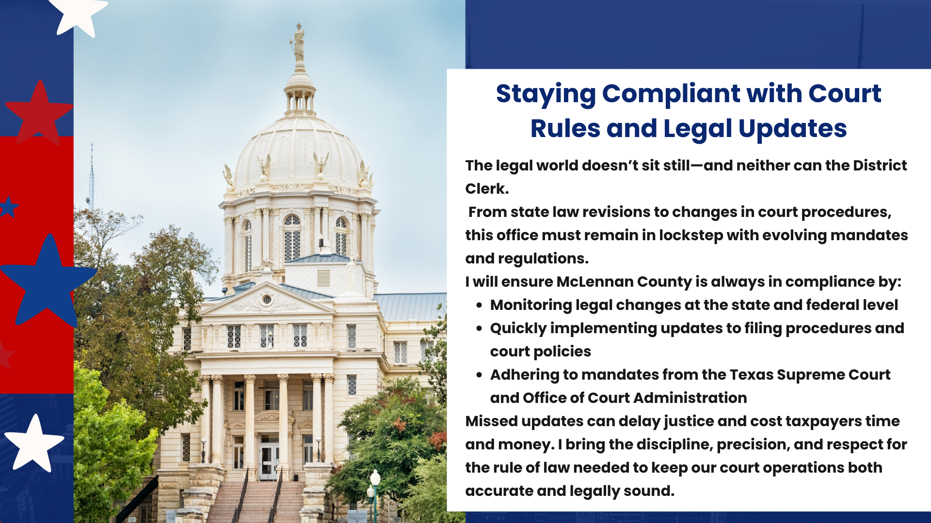 Rebecca Eubank campaign message about court rule compliance with the McLennan County Courthouse in the background