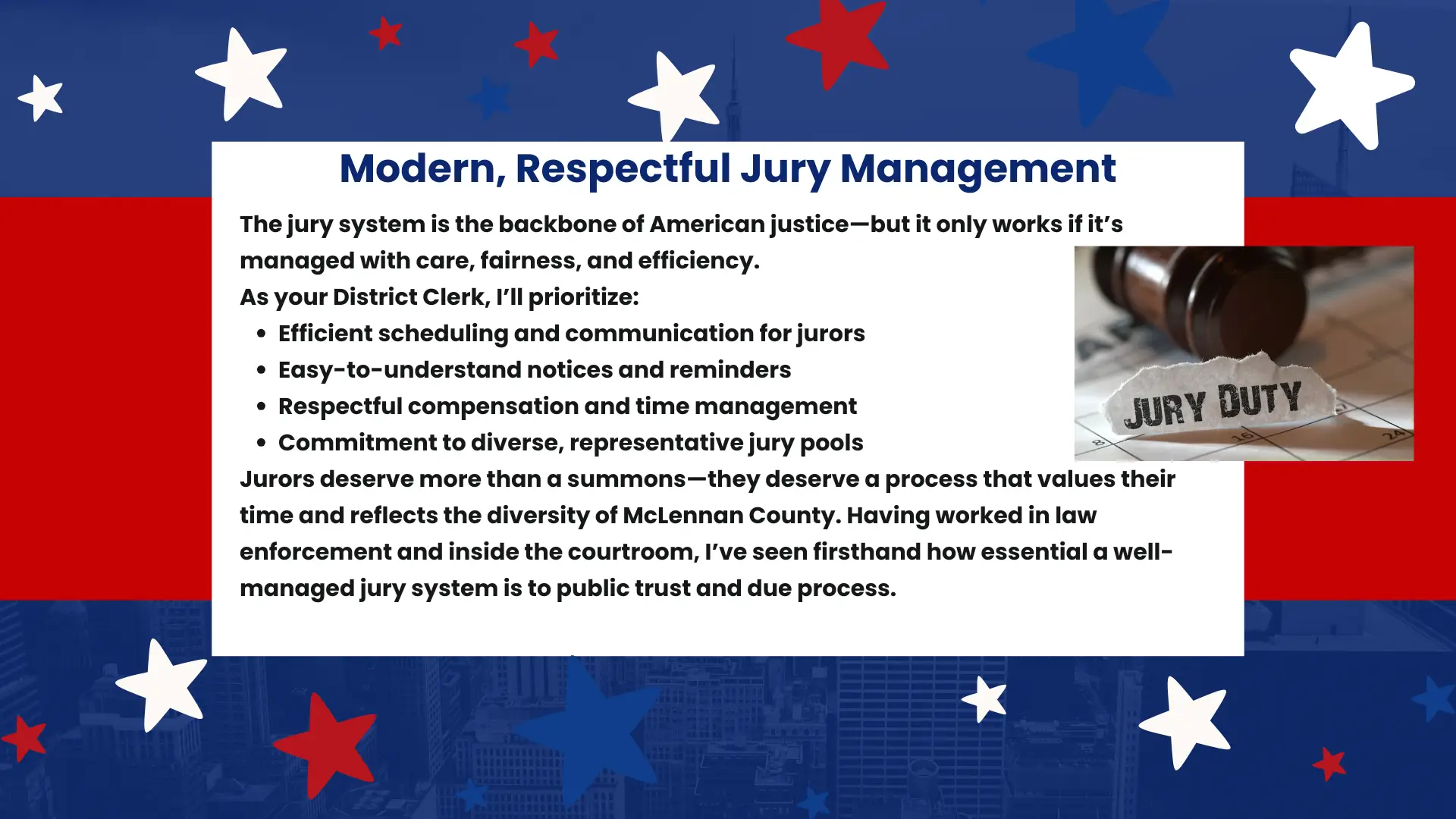 Rebecca Eubank campaign commitment to fair jury management with jury duty graphic