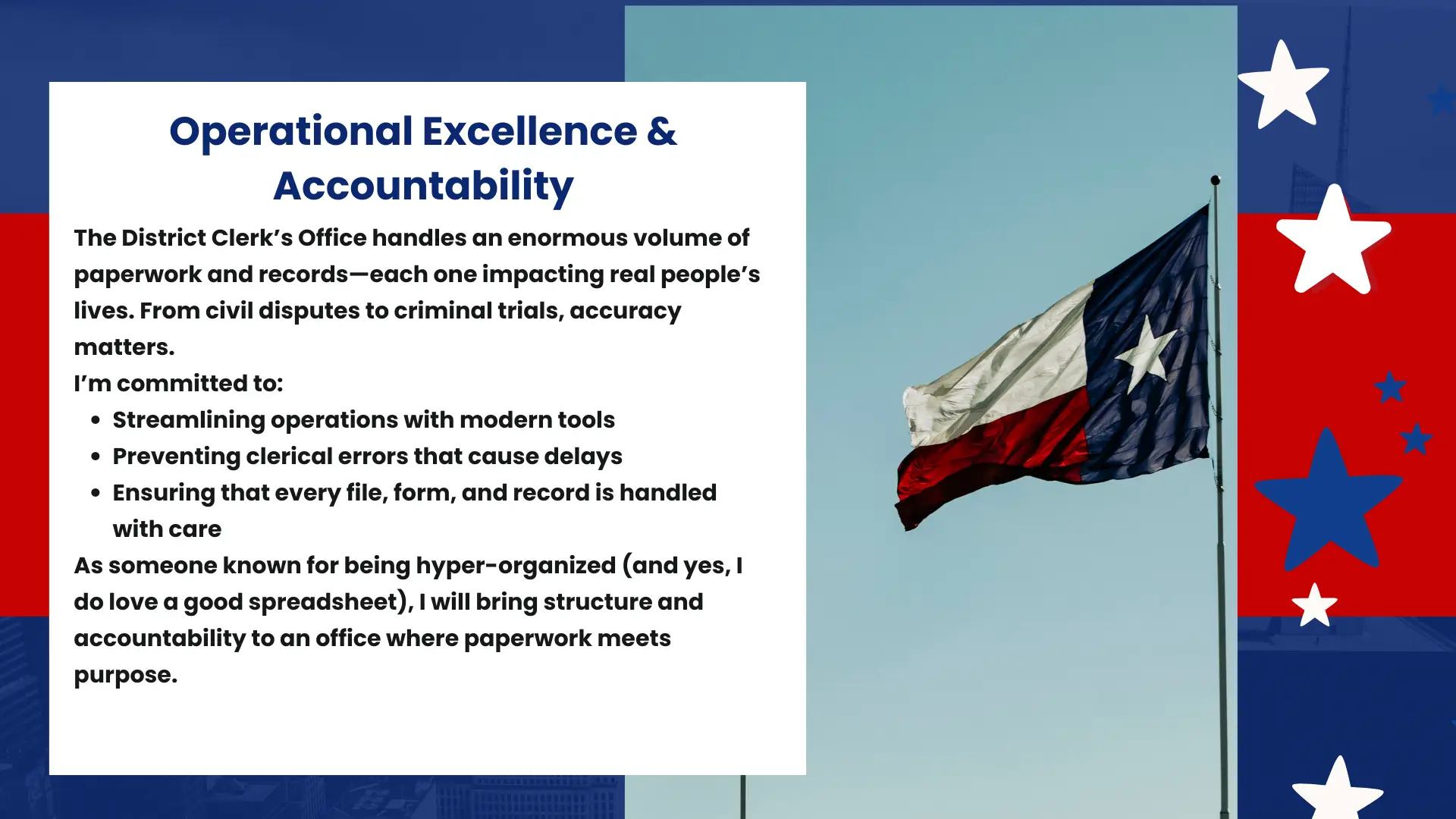 Texas flag waving beside campaign message from Rebecca Eubank about operational excellence and accountability