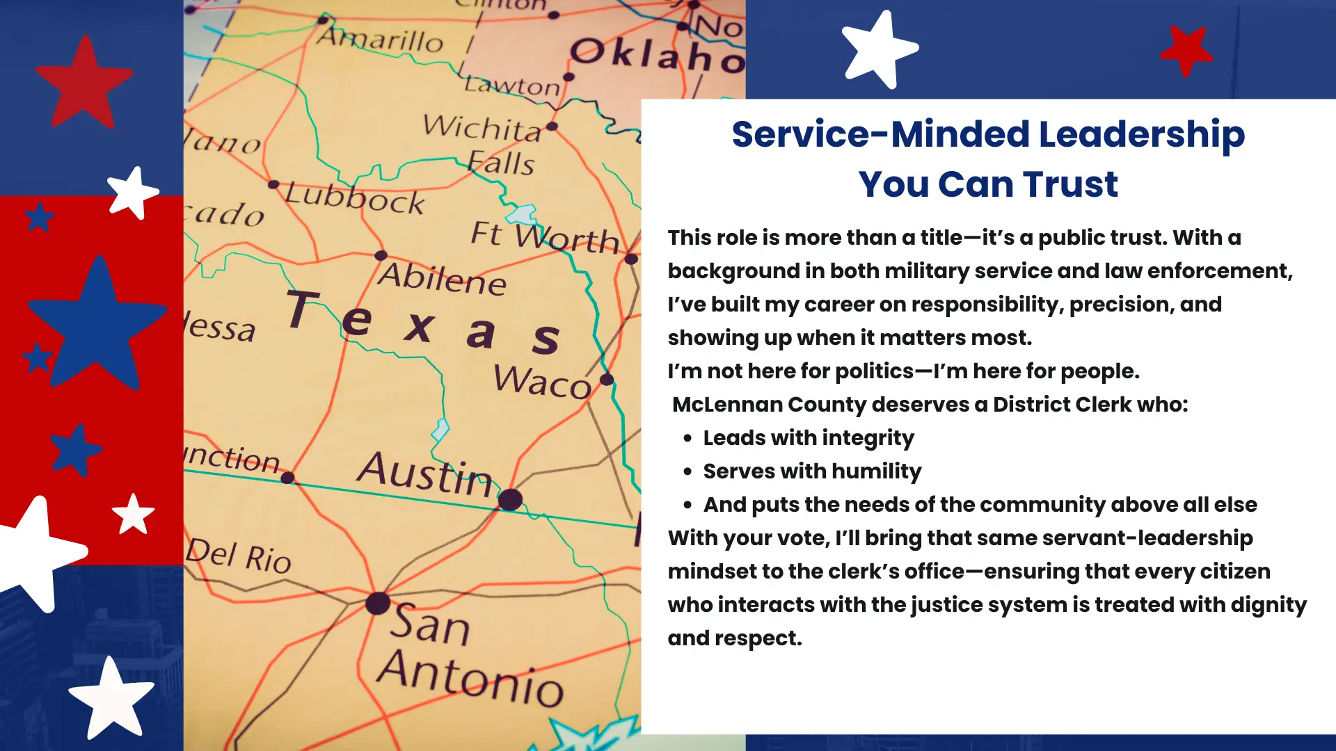 Texas map background with campaign message about Rebecca Eubank’s servant-leadership and trust