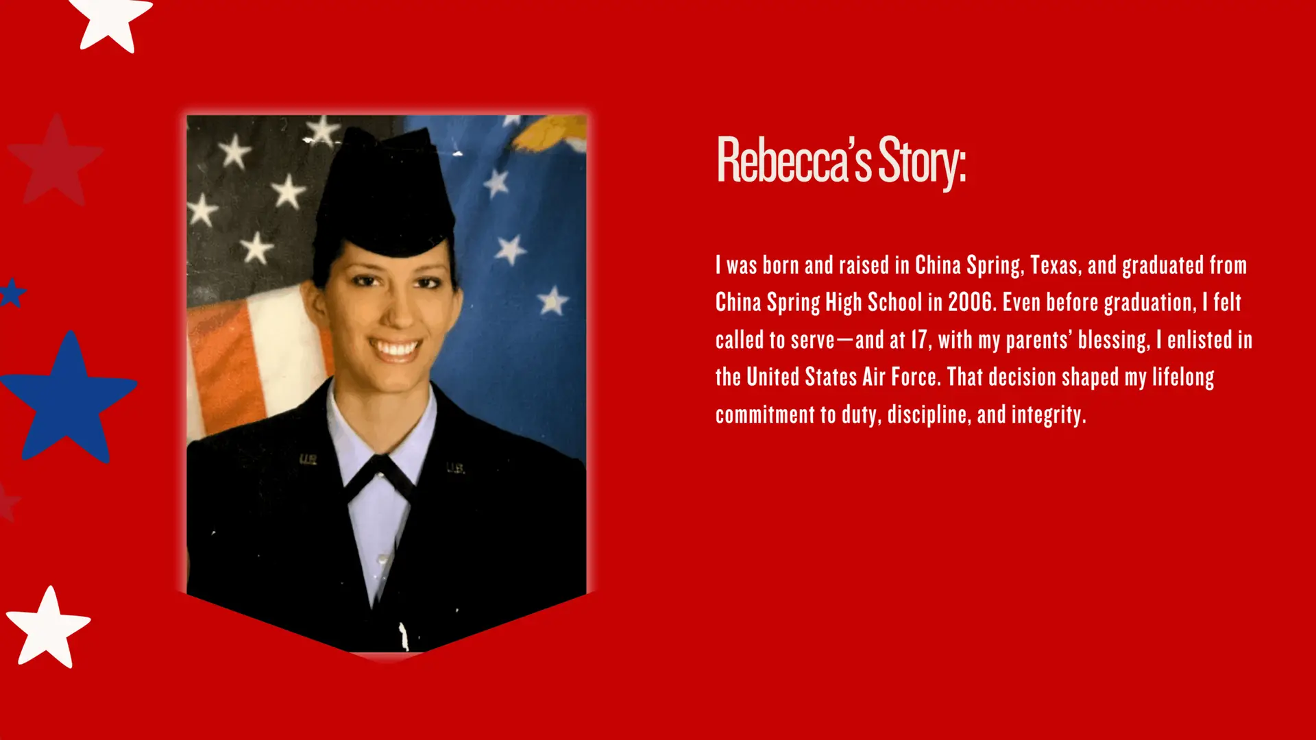 Rebecca Eubank in U.S. Air Force uniform, smiling in front of the American flag, with her story of enlisting at 17 and a message about integrity and discipline.